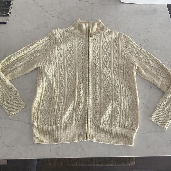 Drapers & Damons Vintage Sweater Zip Up Sz PS Cream Color Gold Thread Throughout